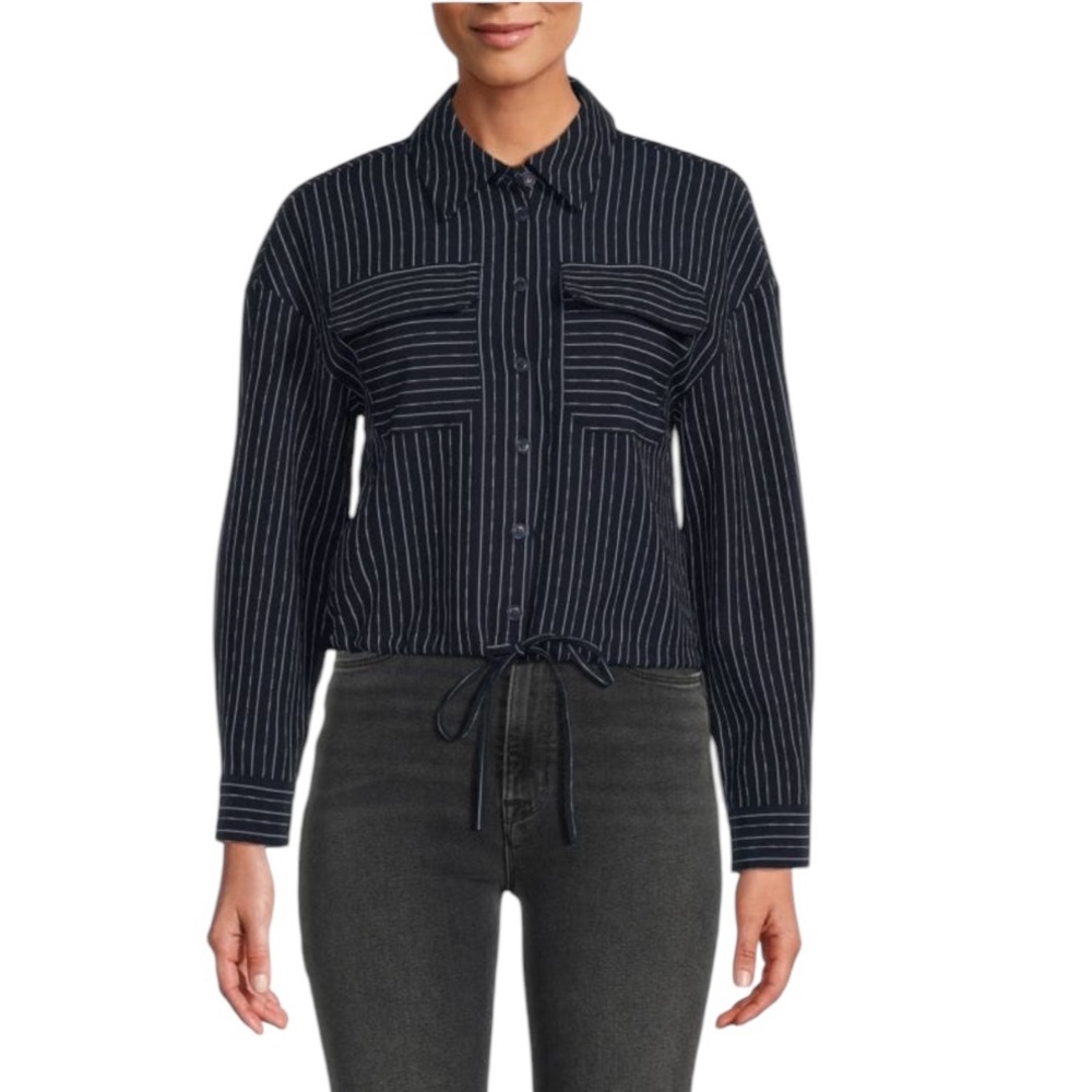 Adrianna Papell Striped White and Gray Button-Up Shirt in L
